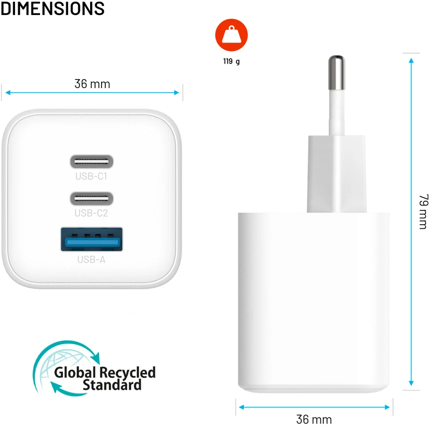 Fixed Įkroviklis fiksuotas Mini 1x USB-A 2x USB-C 3.25 A (FIXCG65M-2C1A-WH)