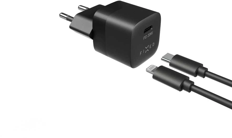 FIXED Mini USB-C įkroviklis 20W+ USB-C/Lightning kabelis, juodos spalvos