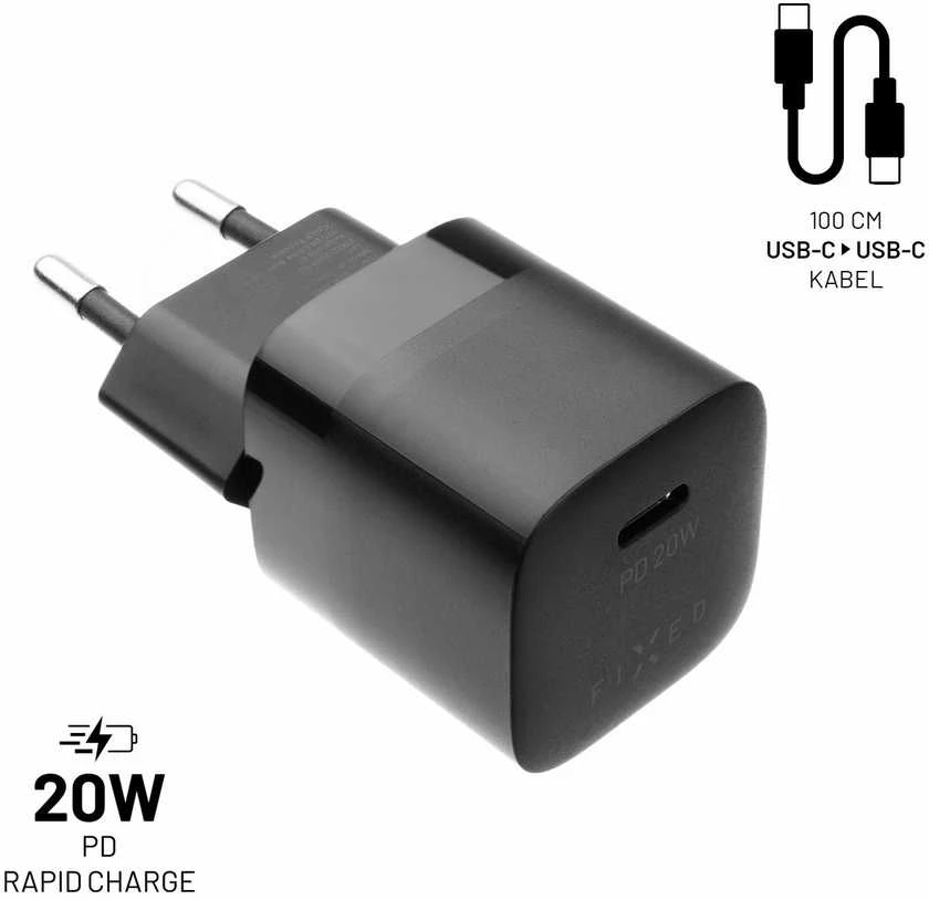 Fixed Mini USB-C 20W + kabelis USB-C/USB-C, juoda