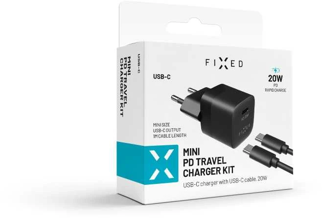 Fixed Mini USB-C 20W + kabelis USB-C/USB-C, juoda
