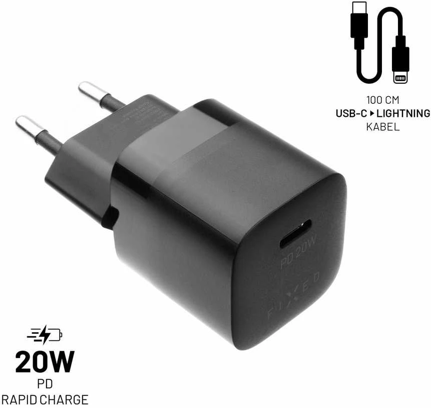 FIXED Mini USB-C įkroviklis 20W+ USB-C/Lightning kabelis, juodos spalvos