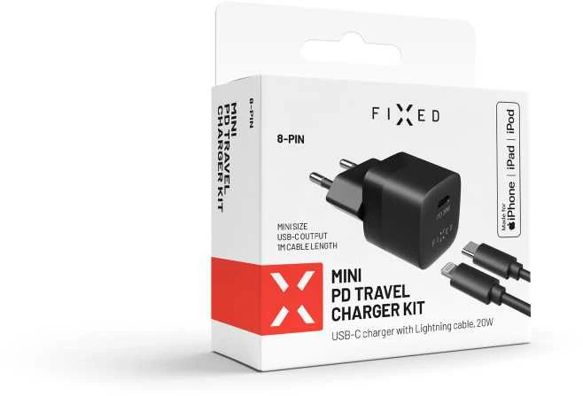 FIXED Mini USB-C įkroviklis 20W+ USB-C/Lightning kabelis, juodos spalvos