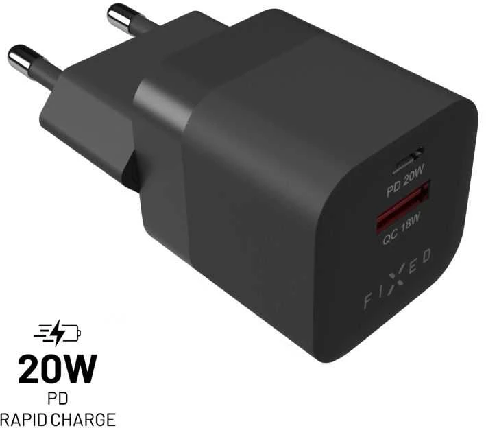 Fixed Fiksuotas Mini USB-C/USB 20W, juodas