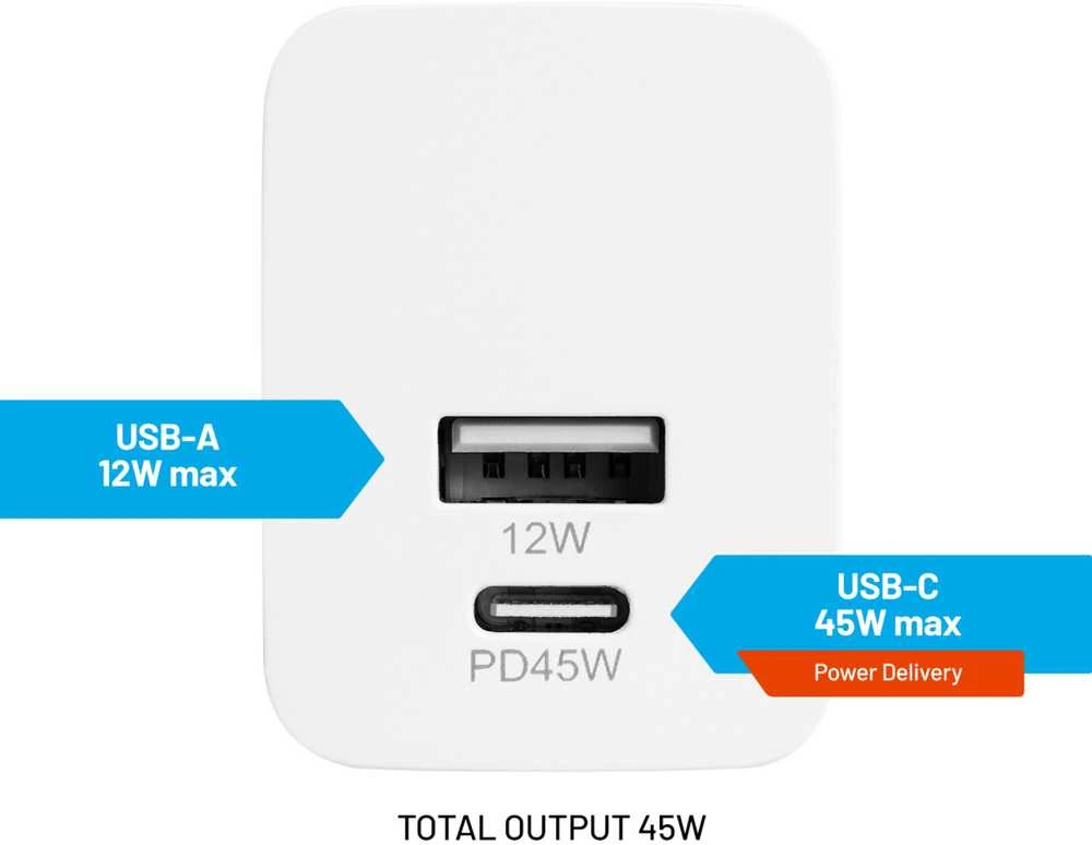 Fixed Fiksuotas Mini USB-C/USB kelioninis įkroviklis 45W | FIXC45M-CU-WH