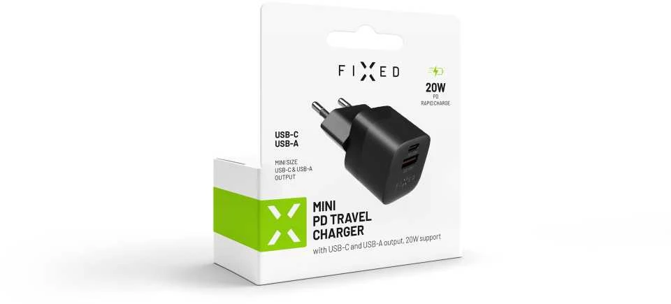 Fixed Fiksuotas Mini USB-C/USB 20W, juodas