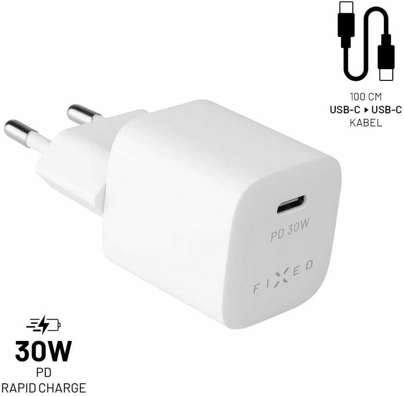 Fixed Fiksuotas Mini USB-C 30W + kabelis USB-C/USB-C, baltas