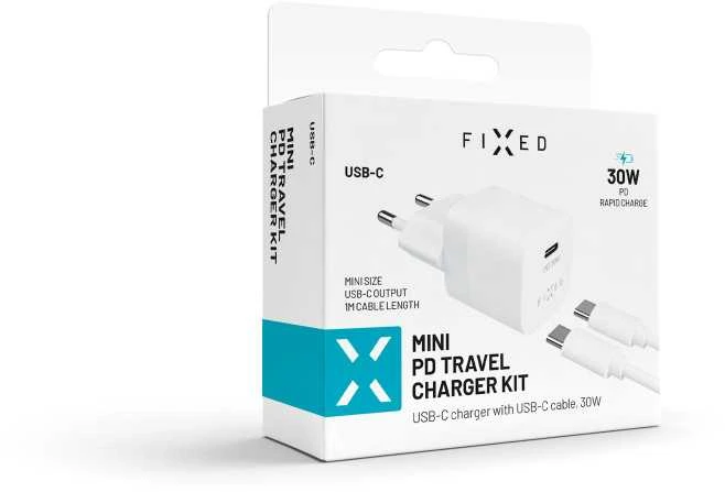 Fixed Fiksuotas Mini USB-C 30W + kabelis USB-C/USB-C, baltas