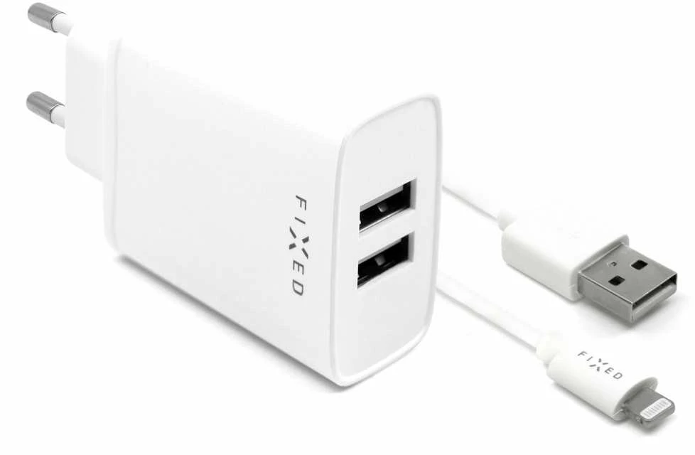 FIXED USB įkroviklis 15W+ USB/Lightning kabelis, baltos spalvos