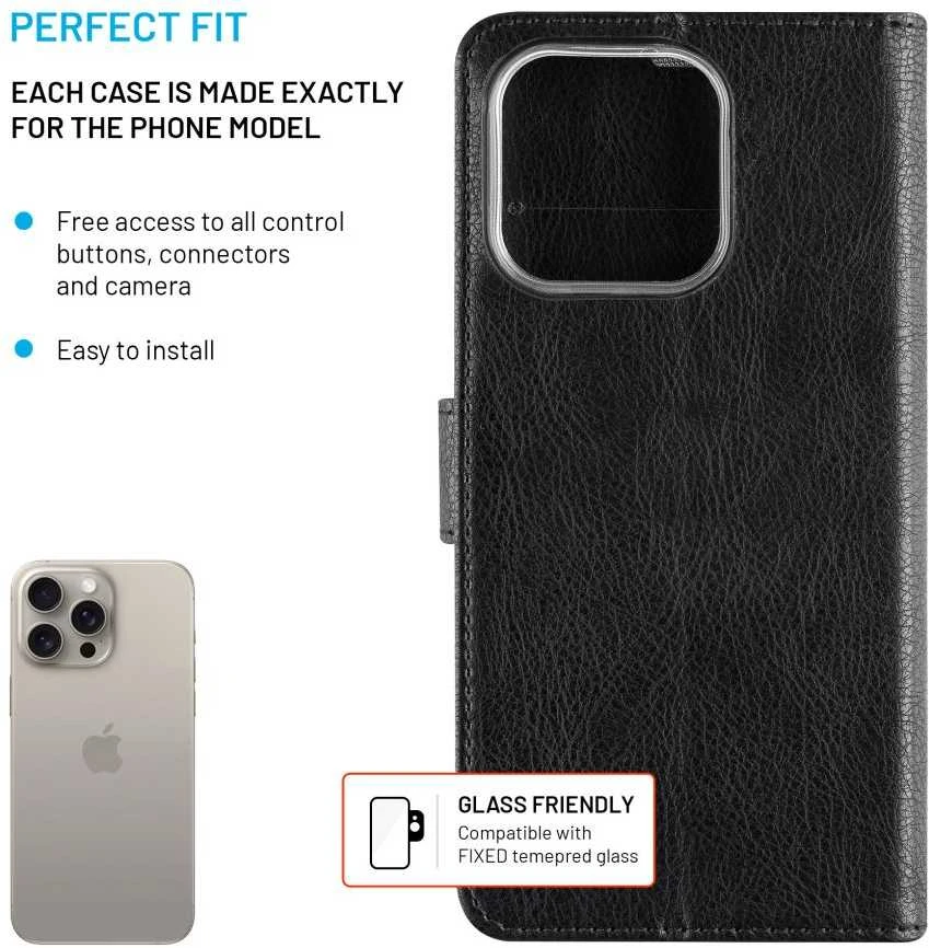 Fixed Fiksuotas Opus | Knygų dėklas | Apple | iPhone 16 Pro | Oda | Juodas