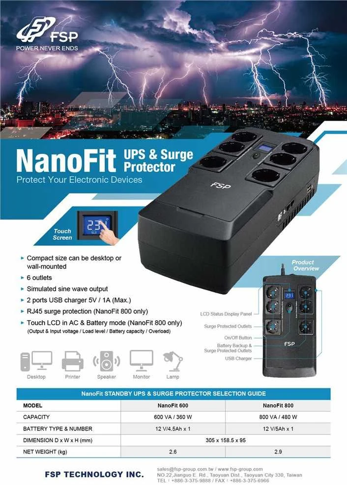 FSP | UPS | Nano FIT 800 | 800 VA | 180~270 V | 220 V