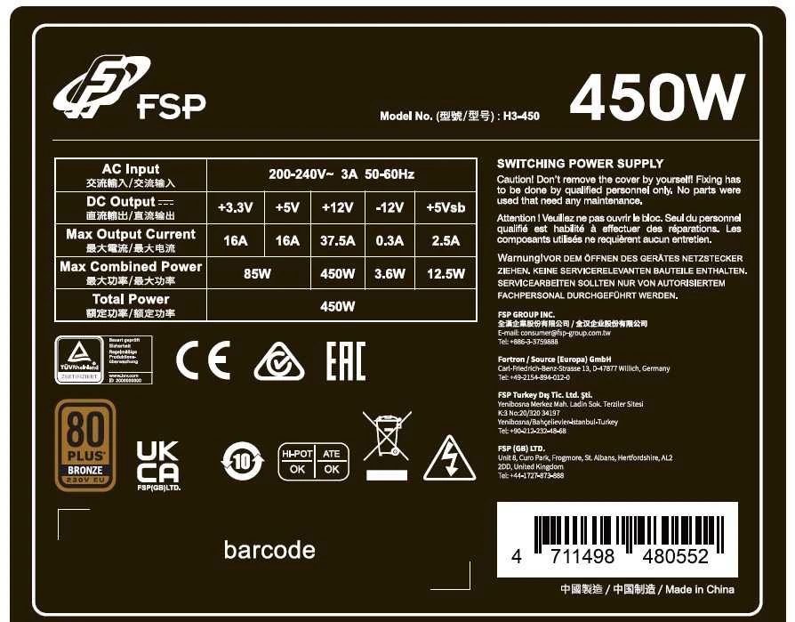 Fortron FSP maitinimo šaltinis | HYPER 80+PRO450 BKB | 450 W