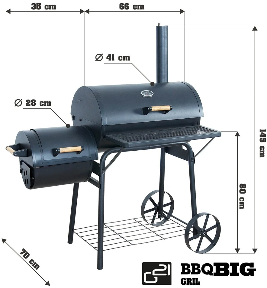 G21 BBQ didelės kepsninės su medžio anglių rūkykla 40 cm x 59 cm