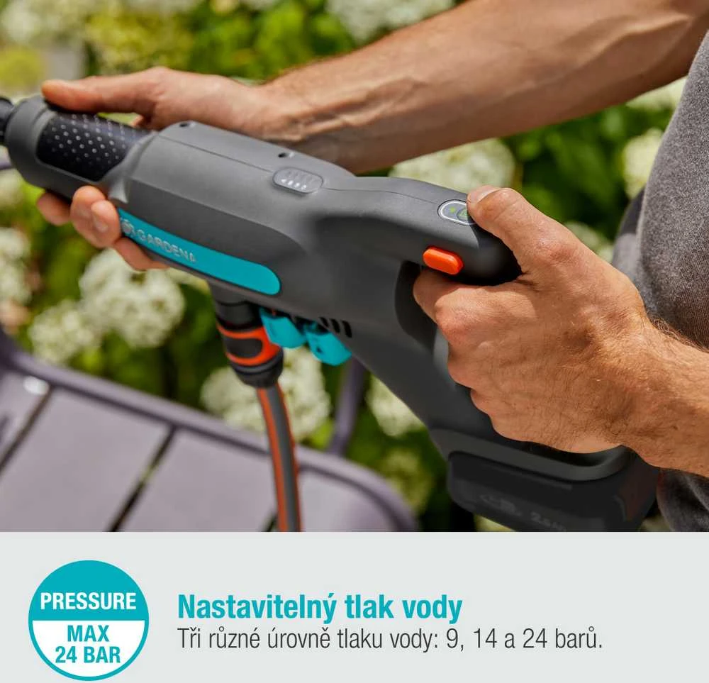 Vidutinio slėgio akumuliatorinės plovyklos Gardena AquaClean 24 / 18V P4A Premium rinkinys