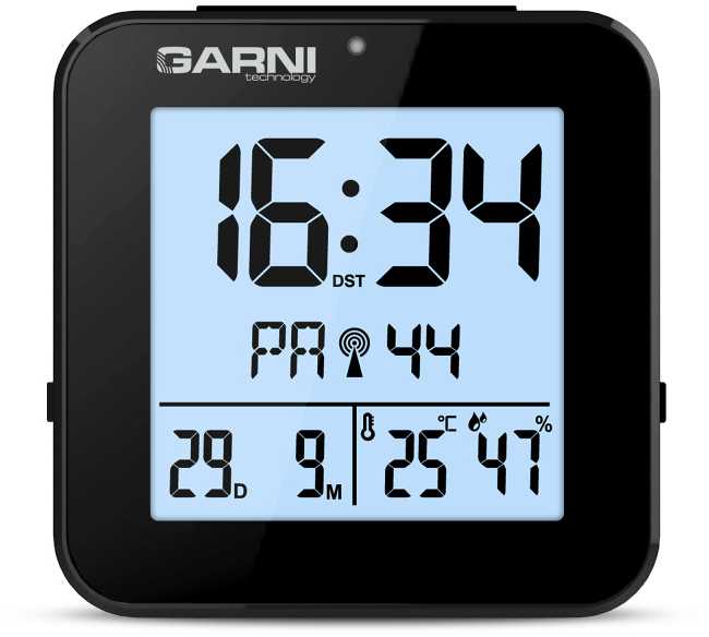 Garni Technology GARNI 138B - skaitmeninis žadintuvas su termometru ir higrometru, juodas