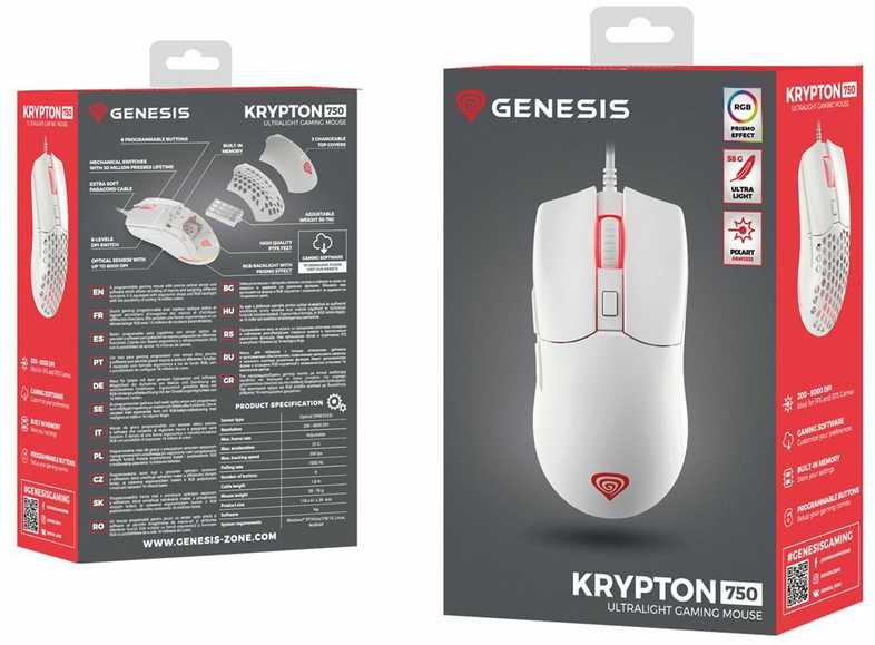 Genesis | Ultralight Pelė žaidimams | Krypton 750 | Pelė žaidimams | su laidu | Optinė | USB 2.0 | Baltas | Yes