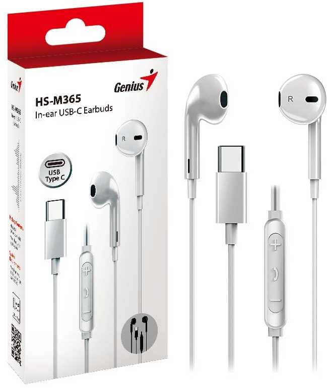 Genius HS-M365 ausinės su mikrofonu, balta, 2.0, Įstatomos į ausis (į ausis įkišamos tipo) ausinės, USB Type-C