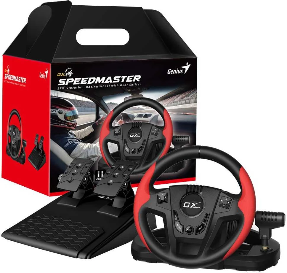 Vairas Genius GX Gaming SpeedMaster, vairas su pedalais ir pavarų svirtimi, 13 mygtukų, USB, raudona-juoda