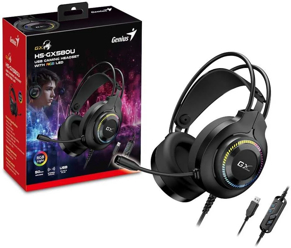 Genius GX GAMING HS-GX580U ausinės su mikrofonu, juoda, ausinės, 50 mm garsiakalbiai typ USB