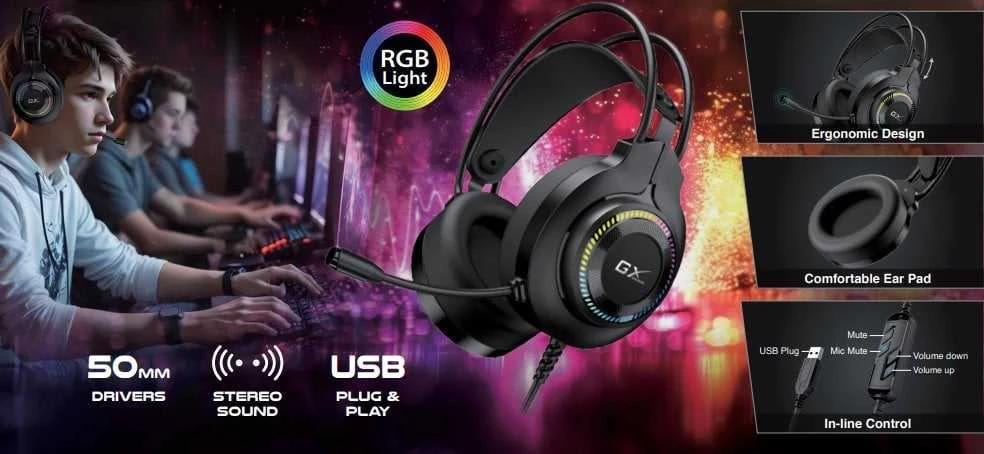 Genius GX GAMING HS-GX580U ausinės su mikrofonu, juoda, ausinės, 50 mm garsiakalbiai typ USB