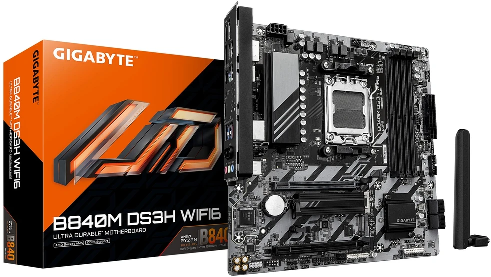 Pagrindinė plokštė „Gigabyte B840M DS3H WIFI6“ (1.1 rev.) | Procesorių šeima AMD | Procesoriaus lizdas AM5 | DDR5 | Palaikomos kietojo disko sąsajos SATA, M.2 | SATA jungčių skaičius 4