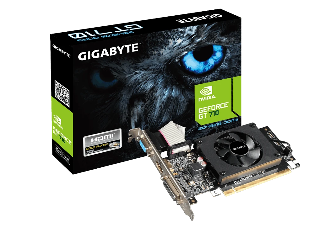 Vaizdo plokštė Gigabyte | GV-N710D3-2GL 2.0 | NVIDIA | 2 GB | GeForce GT 710 | DDR3 | Aušinimo tipas: aktyvus | DVI-D jungčių kiekis: 1 | HDMI jungčių kiekis: 1 | PCI Express 2.0 | Atminties taktinis dažnis: 1600 MHz | Procesoriaus dažnis: 954 MHz | VGA (D-Sub) jungčių kiekis: 1