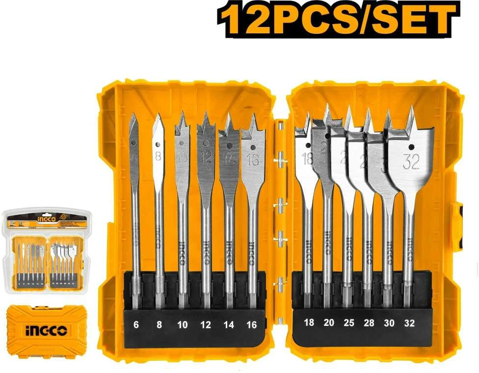 Grąžtas Ingco AKDL1201 plokšti medienos grąžtai, 12 vnt. rinkinys, O 6-32x152 mm