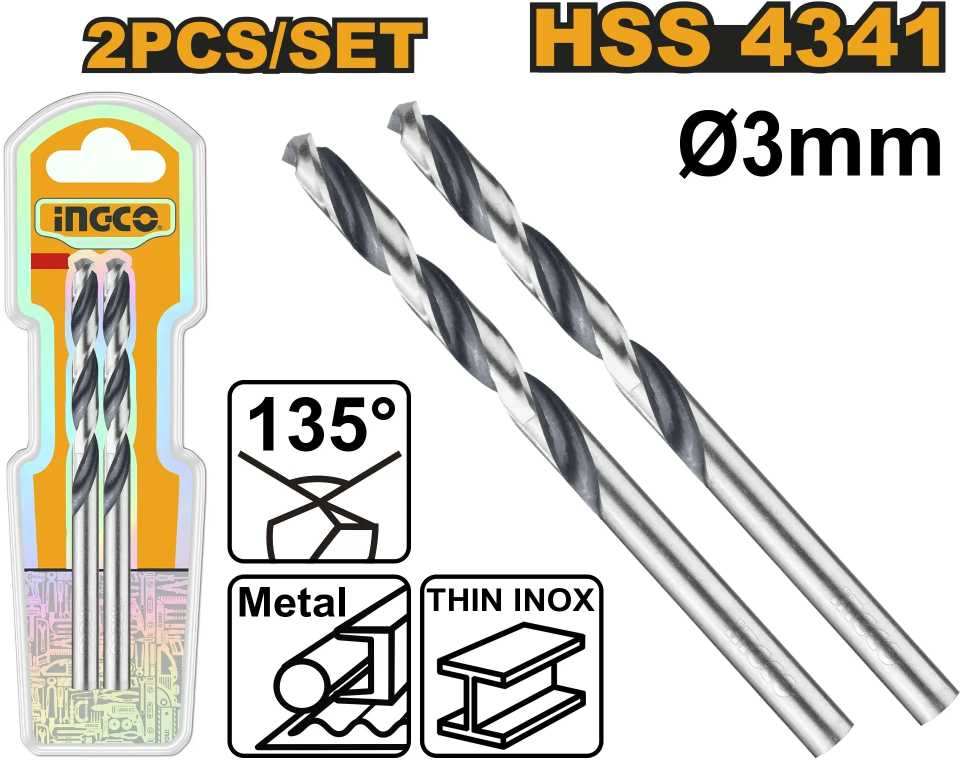 Ingco DBT1200034 HSS metalo grąžtas, 2 vnt. rinkinys, 3 mm