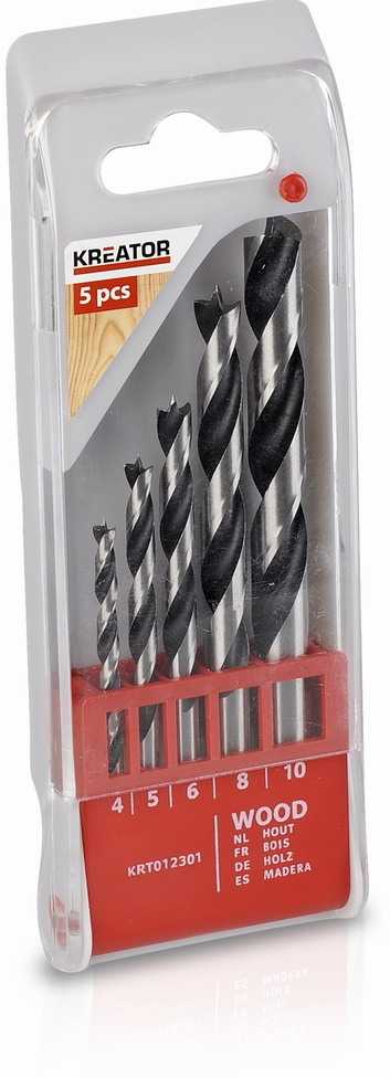 Grąžtas Kreator KRT012301 Medienos grąžtų rinkinys, 5 vnt., Ø4-9mm, plastikinė dėžutė