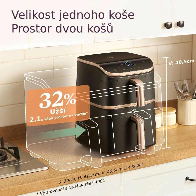 „Cosori Turbo Tower Pro Smart Single“ 10,8 l autonominė 2630 W karšto oro gruzdintuvė, Juodas, auksinė