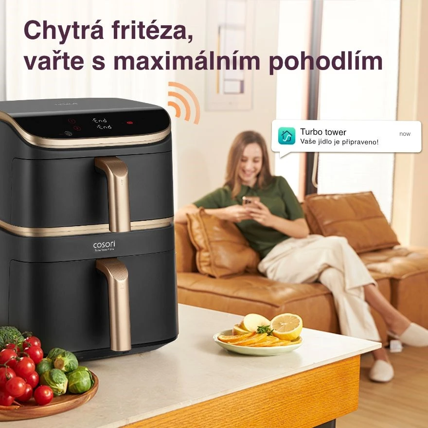 „Cosori Turbo Tower Pro Smart Single“ 10,8 l autonominė 2630 W karšto oro gruzdintuvė, Juodas, auksinė
