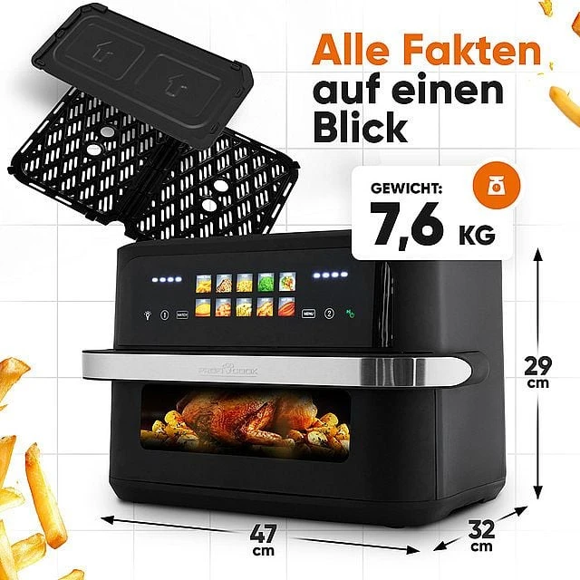 Gruzdintuvė Profi Cook ProfiCook PC-FR 1313 H Double 10 L Stand-alone 2400 W Hot air fryer Juodas, Nerūdijantis plienas