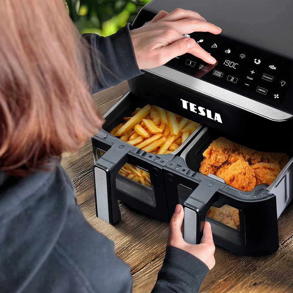 Gruzdintuvė neriebi Tesla AirCook DualZone Q460 XXL daugiafunkcinė dviejų kamerų oro gruzdintuvė 9l (AIRCKDZQ460XXLBLK)