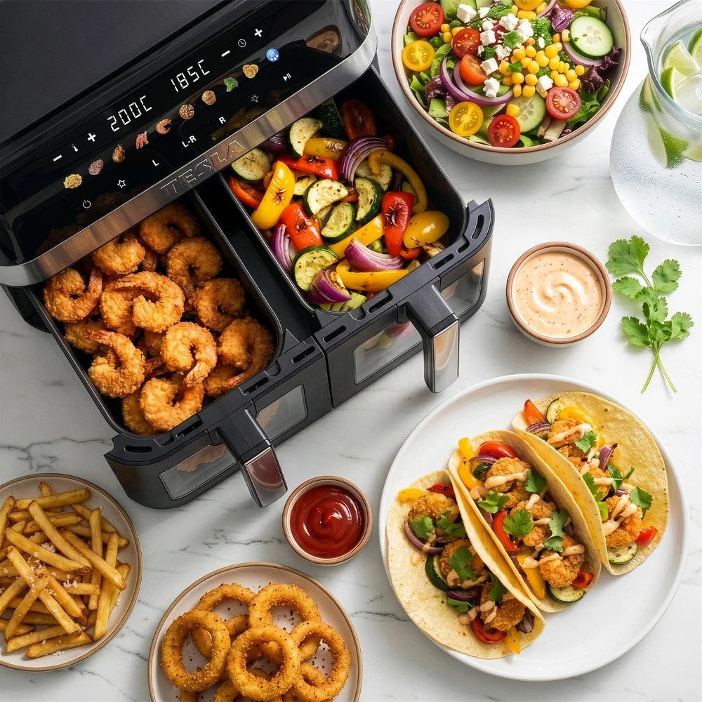 TESLA AirCook DualZone Q787 XXL Deluxe - daugiafunkcis dviejų zonų skaitmeninis oro gruzdintuvės prietaisas