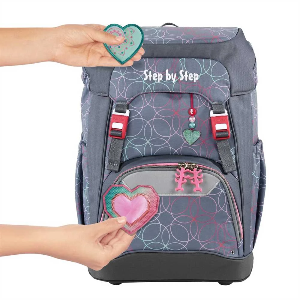 Hama Mokyklinė kuprinė „Step by Step GRADE“ blizgučių širdelės formos lazdyno riešuto spalvos, AGR sertifikatas