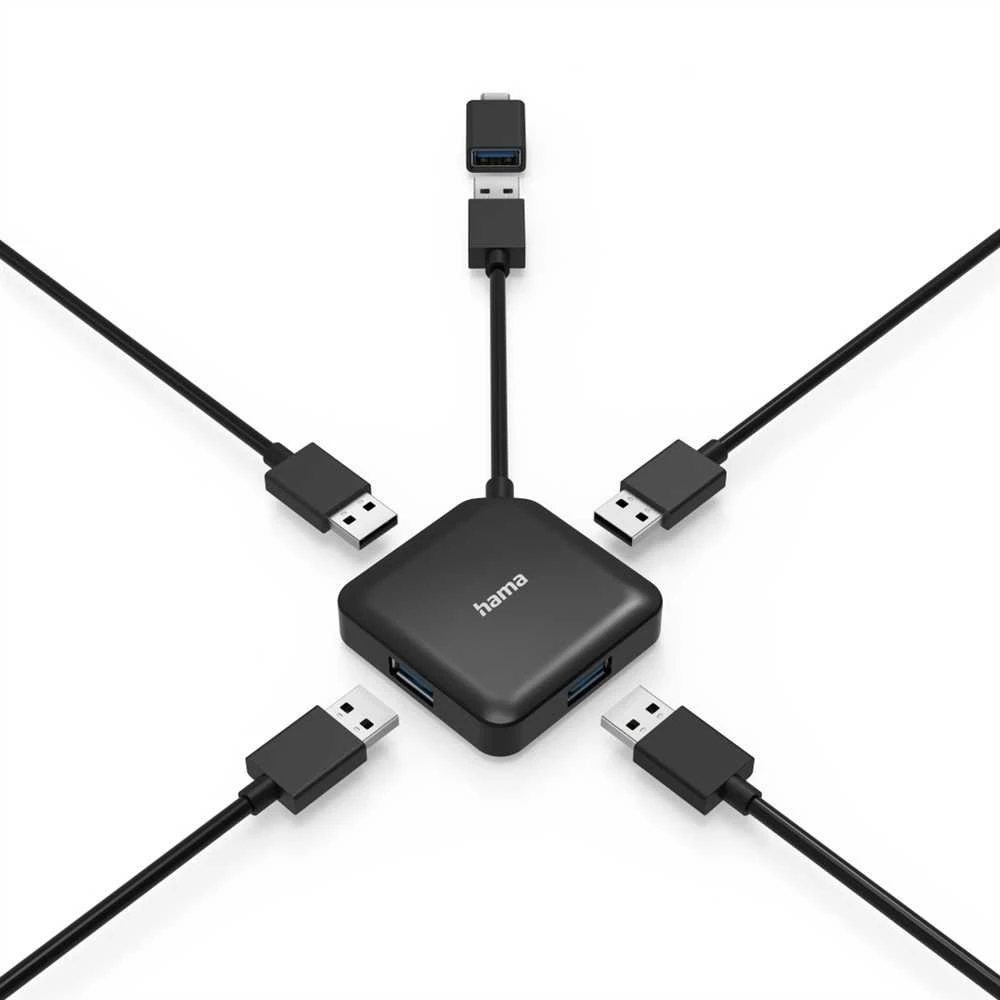 „Hama“ USB 3.0 šakotuvas, 4 USB-A prievadai su USB-C adapteriu, kompaktiškas dizainas
