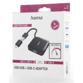„Hama“ USB 3.0 šakotuvas, 4 USB-A prievadai su USB-C adapteriu, kompaktiškas dizainas