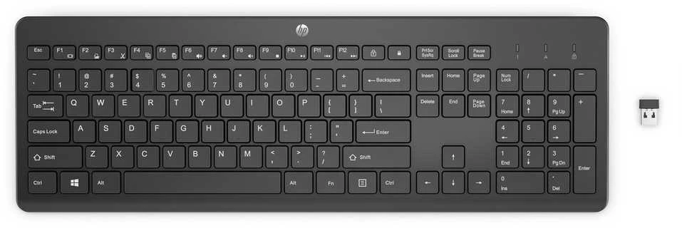 Klaviatūra HP 230 BLK WL KBD, viso dydžio (100 %), belaidis, radijo dažnių belaidis, membraninis, juodas