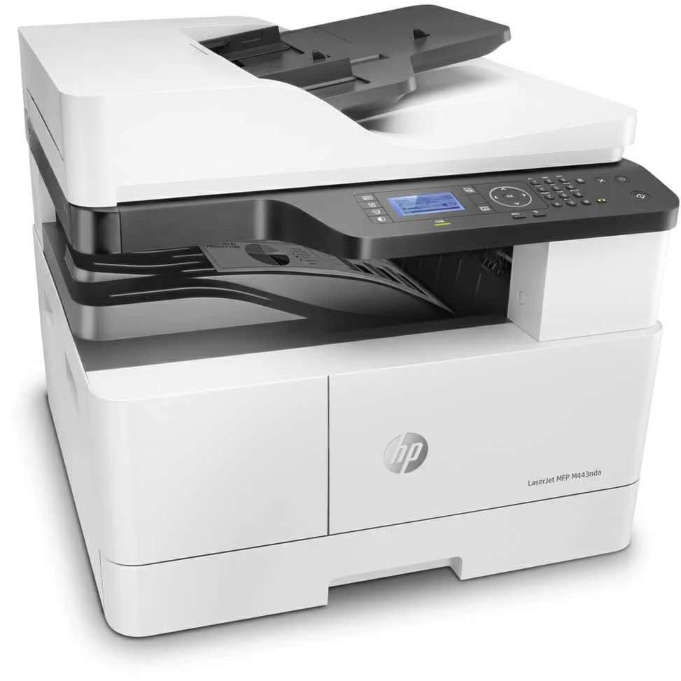 Hewlett Packard (HP) HP LaserJet MFP M443nda AIO All-in-One Spausdintuvas - A3 Mono lazerinis, Spausdinti/Kopijuoti/Nuskaityti, Automatinis dokumentų tiektuvas, Auto-Duplex, LAN, 25psl/min, 2000-5000 puslapių per mėn.