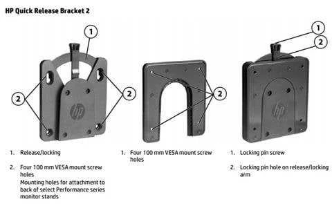 Laikiklis Hewlett Packard (HP) HP Quick Release Bracket 2, skirtas P serijos G4/G5 ir senesniems, V27i, V27c G5, konferencijų M24m, M27m, E serijos G4/G5, Z serijos G3 monitoriams su 100 mm VESA, Sure-Lock