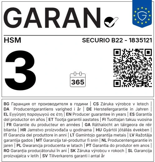 HSM dokumentų smulkintuvas Securio B22 (pjovimas: išilgai 0,78 x 11 mm | įvestis: 240 mm | DIN: P-6, F-3 | popierius, sąvaržėlės, plastikinės kortelės)