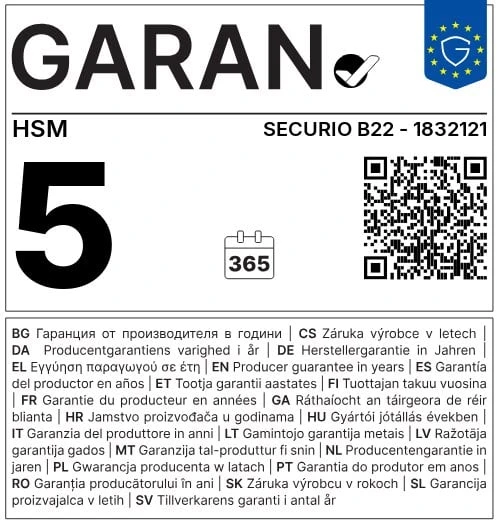 HSM dokumentų smulkintuvas Securio B22 (pjovimas: Kombinuotas 1,9x15 mm | įvestis: 240 mm | DIN: P-5 (4) | popierius, sąvaržėlės, plastikinės kortelės)