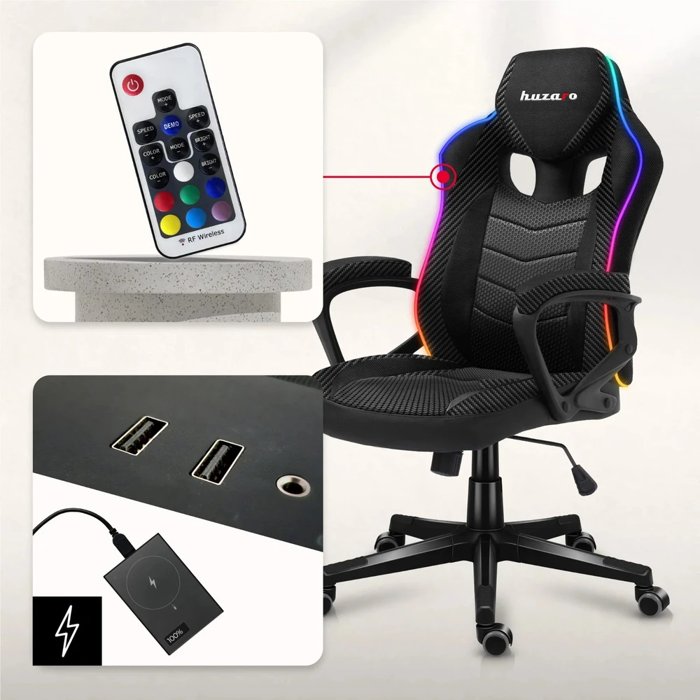 Žaidimų kėdė Huzaro Force 2.5 RGB Carbon Mesh su pašvietimu Gaming Chair, Juoda