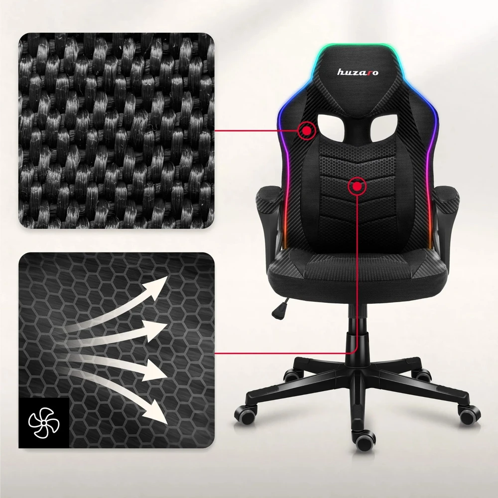 Žaidimų kėdė Huzaro Force 2.5 RGB Carbon Mesh su pašvietimu Gaming Chair, Juoda