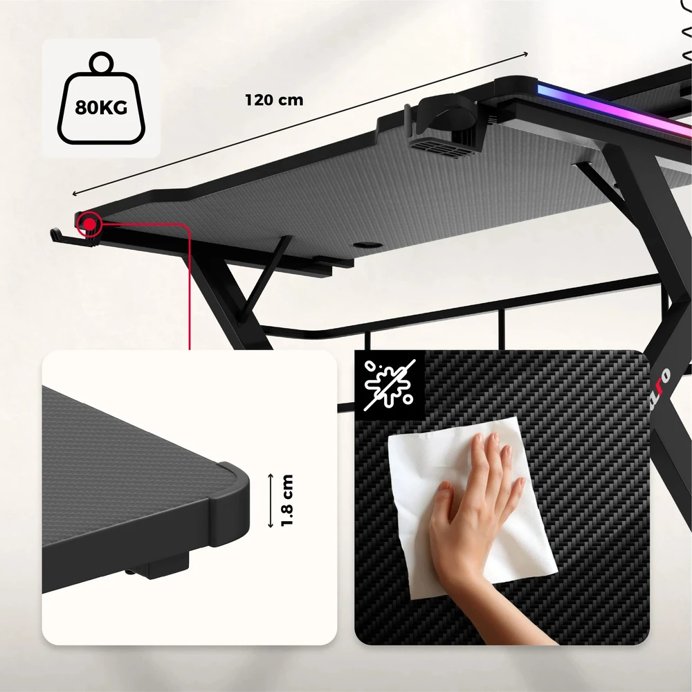 Žaidimų stalas Huzaro Hero 5.0 RGB, Juodos spalvos