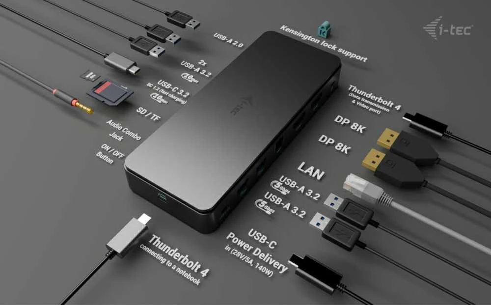 I-TEC Thunderbolt 4 2x Ekranas Dock Generation 3 7x USB + jo 1x TB4 2.5GLAN PD 92W 1m TB4 Kabelis SD/TF kortelių skaitytuvas 3,5 mm garso