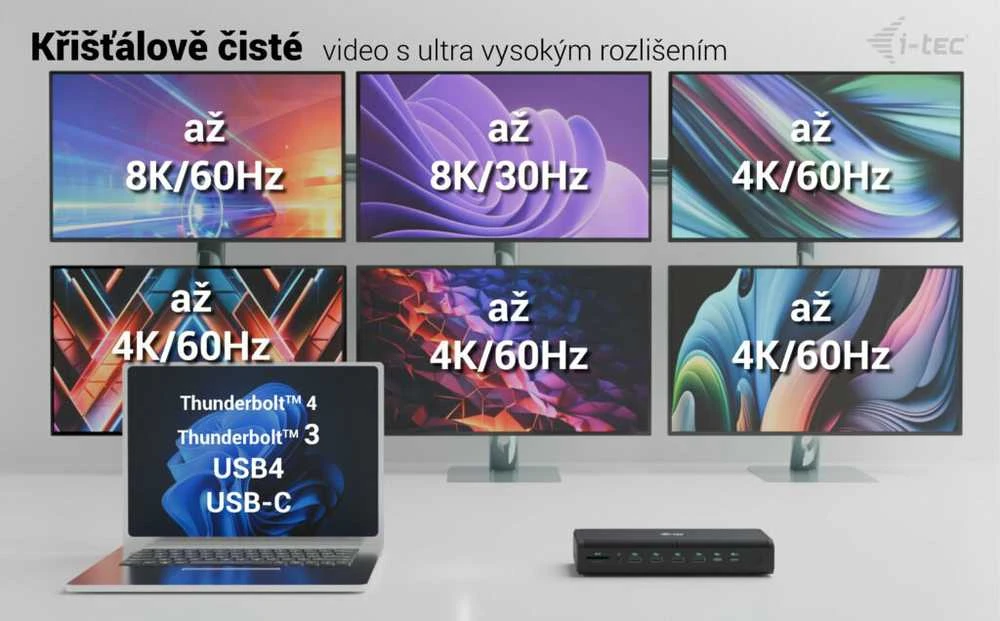 I-TEC Universal 6x 4K Ekranas DS 6x4K 2xDP 2xHDMI 2xUSB-C 1xGLAN 2xUSB-C Gen.2 4xUSB 3.2 1xGarso / mikrofono lizdas 1xSD / Micro SD Kl PD 140W KL