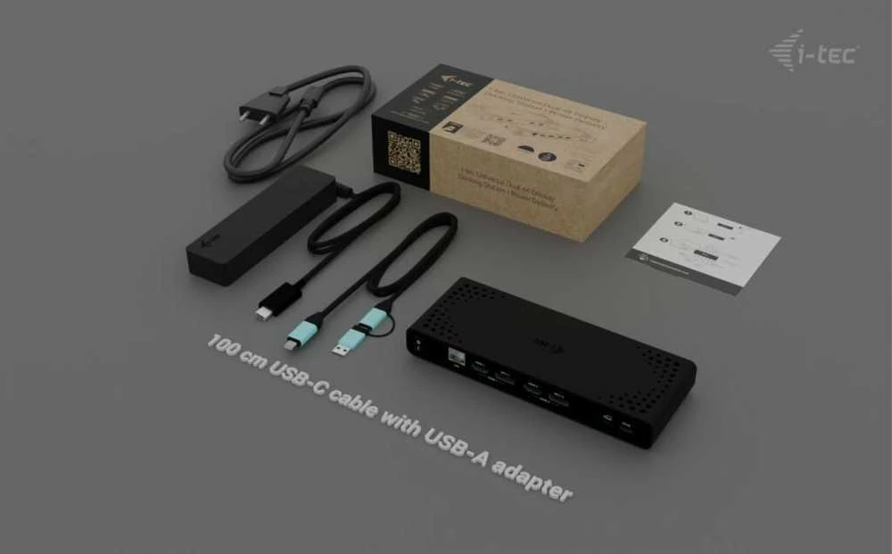 I-TEC universali dviguba 4K Ekrano prijungimo stotelė PD 85W + USB-C įkroviklis 100W