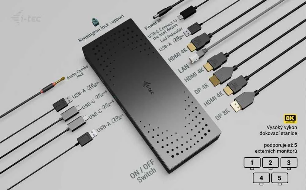 I-tec Universal 5x 4K/60Hz Ekrano prijungimo stotis 2xDP 3xHDMI LAN 2,5Gbps Garsas 2x USB-C maitinimo tiekimas 100W