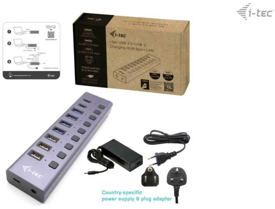 I-tec USB 3.0 / USB-C įkrovimo HUB 9 prievadų LAN + galia 60 W