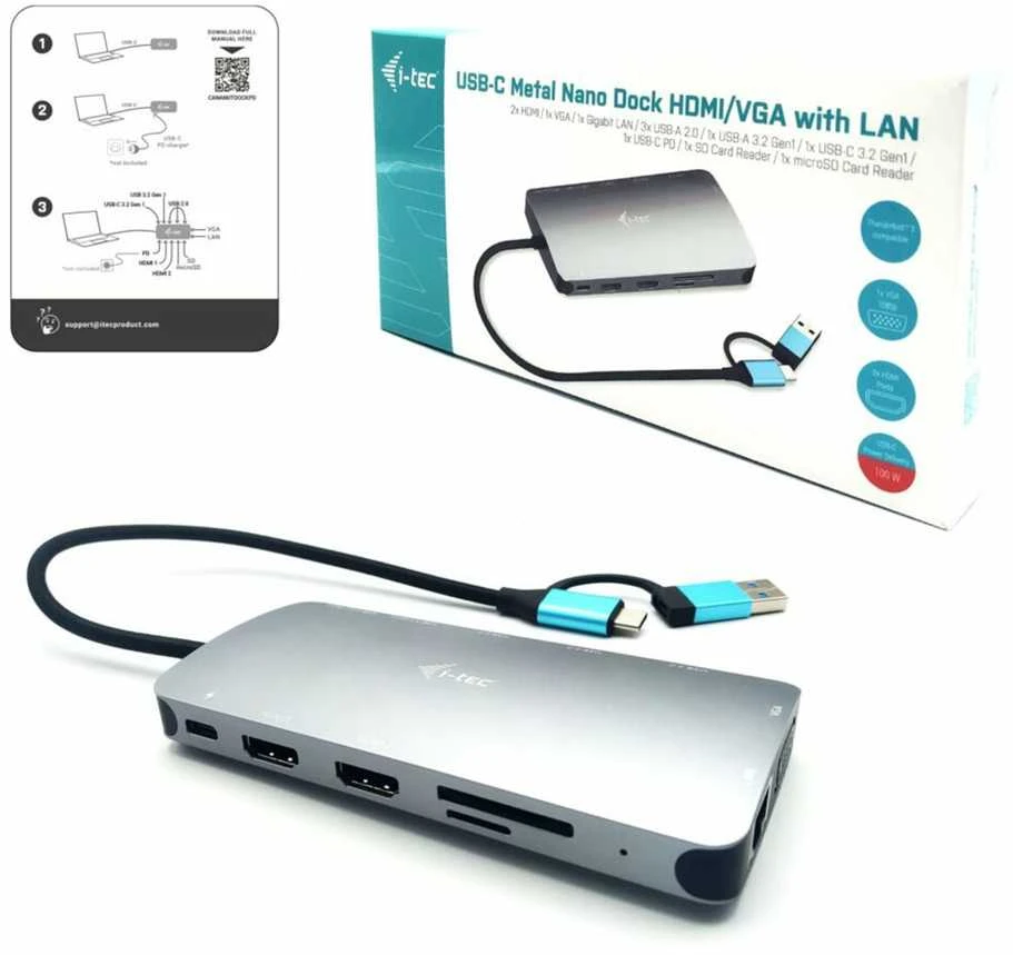 I-TEC USB-C metalinis nano dokas 2xHDMI 1xVGA 1xSD kortelių skaitytuvas 1xmicroSD kortelių skaitytuvas 1xGLAN 3xUSB 2.0 1xUSB 3.2 1xUSB-C3.2duomenys 1xUSB-C PD
